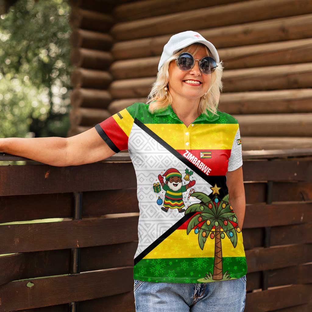 Zimbabwe Christmas Women Polo Shirt with Festive Santa Palm Tree and Red Yellow Green Flag - Wonder Print Shop