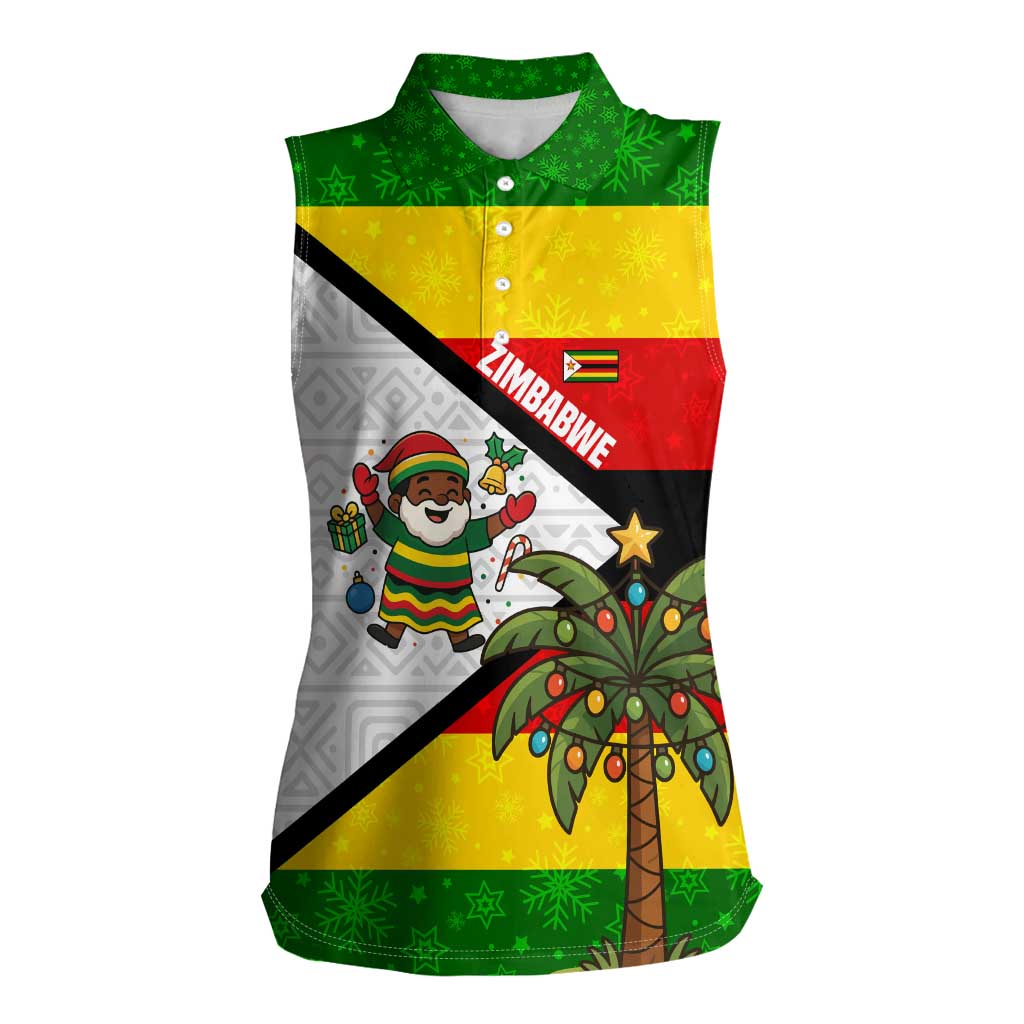 Zimbabwe Christmas Women Sleeveless Polo Shirt with Festive Santa Palm Tree and Red Yellow Green Flag - Wonder Print Shop