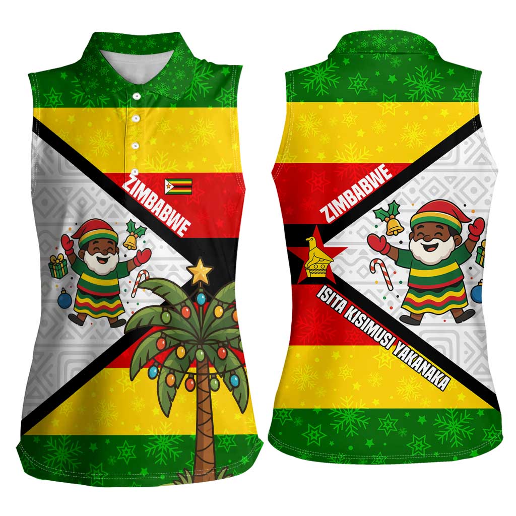 Zimbabwe Christmas Women Sleeveless Polo Shirt with Festive Santa Palm Tree and Red Yellow Green Flag - Wonder Print Shop