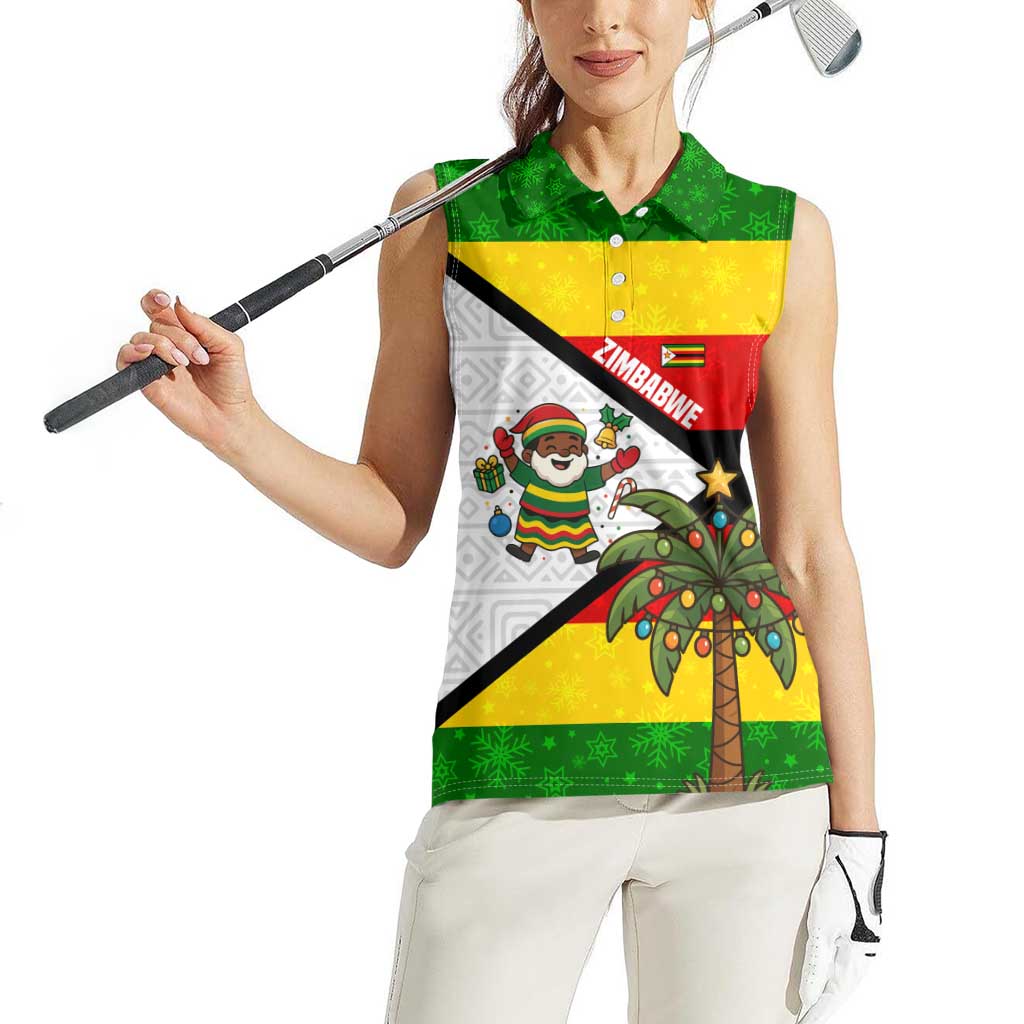 Zimbabwe Christmas Women Sleeveless Polo Shirt with Festive Santa Palm Tree and Red Yellow Green Flag - Wonder Print Shop