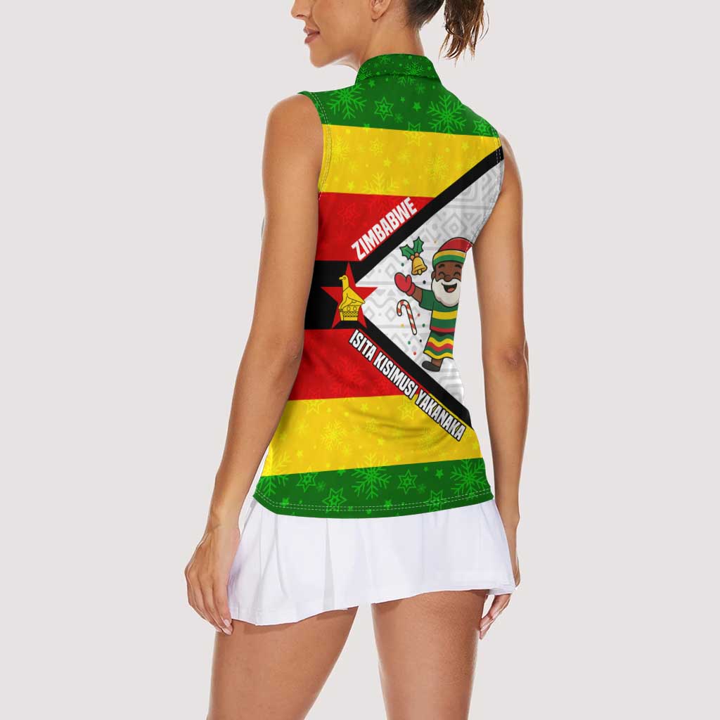 Zimbabwe Christmas Women Sleeveless Polo Shirt with Festive Santa Palm Tree and Red Yellow Green Flag - Wonder Print Shop