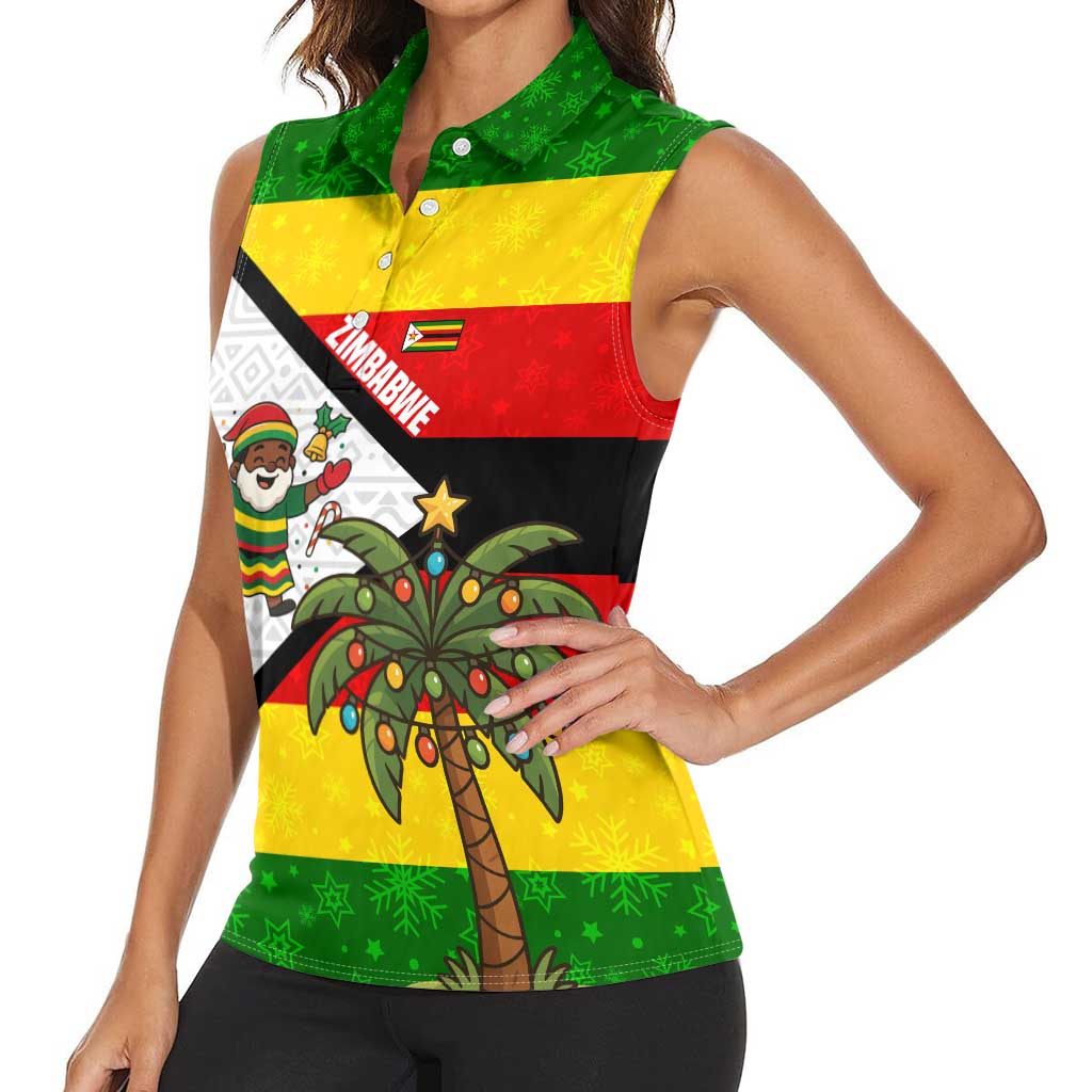 Zimbabwe Christmas Women Sleeveless Polo Shirt with Festive Santa Palm Tree and Red Yellow Green Flag - Wonder Print Shop