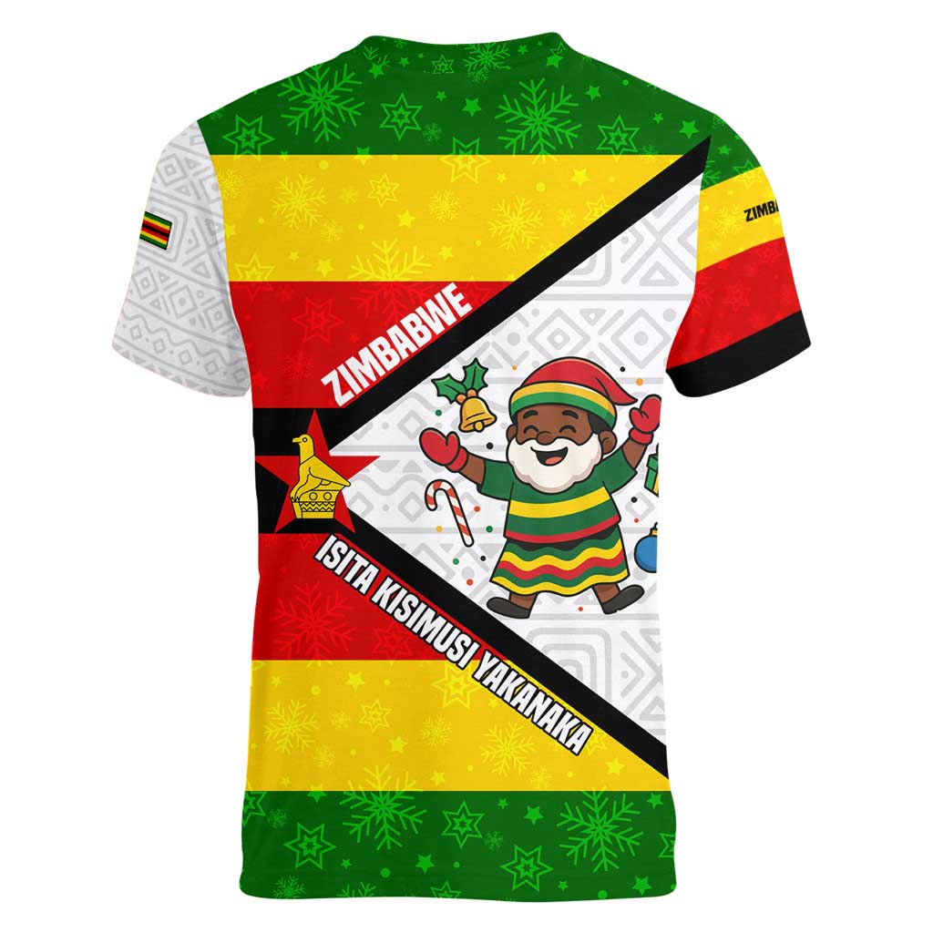 Zimbabwe Christmas Women V-Neck T-Shirt with Festive Santa Palm Tree and Red Yellow Green Flag - Wonder Print Shop