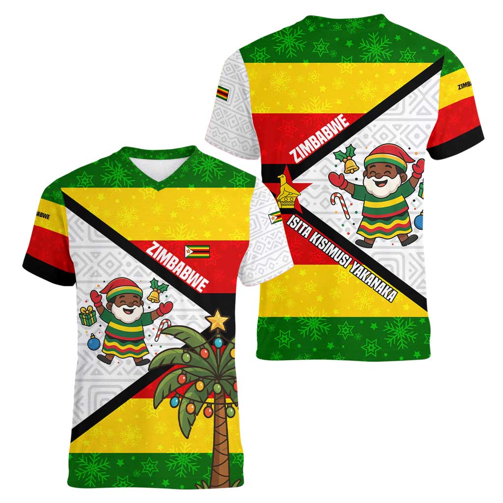 Zimbabwe Christmas Women V-Neck T-Shirt with Festive Santa Palm Tree and Red Yellow Green Flag - Wonder Print Shop