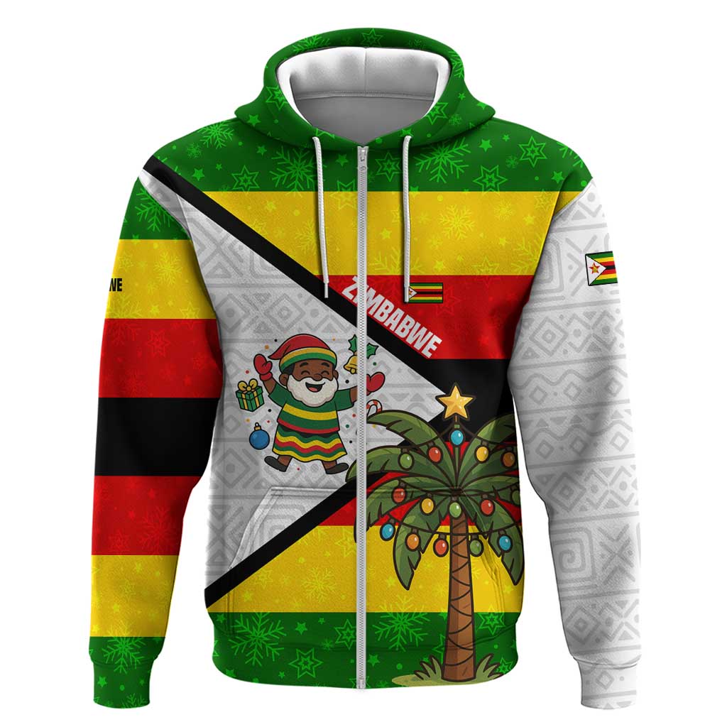 Zimbabwe Christmas Zip Hoodie with Festive Santa Palm Tree and Red Yellow Green Flag - Wonder Print Shop