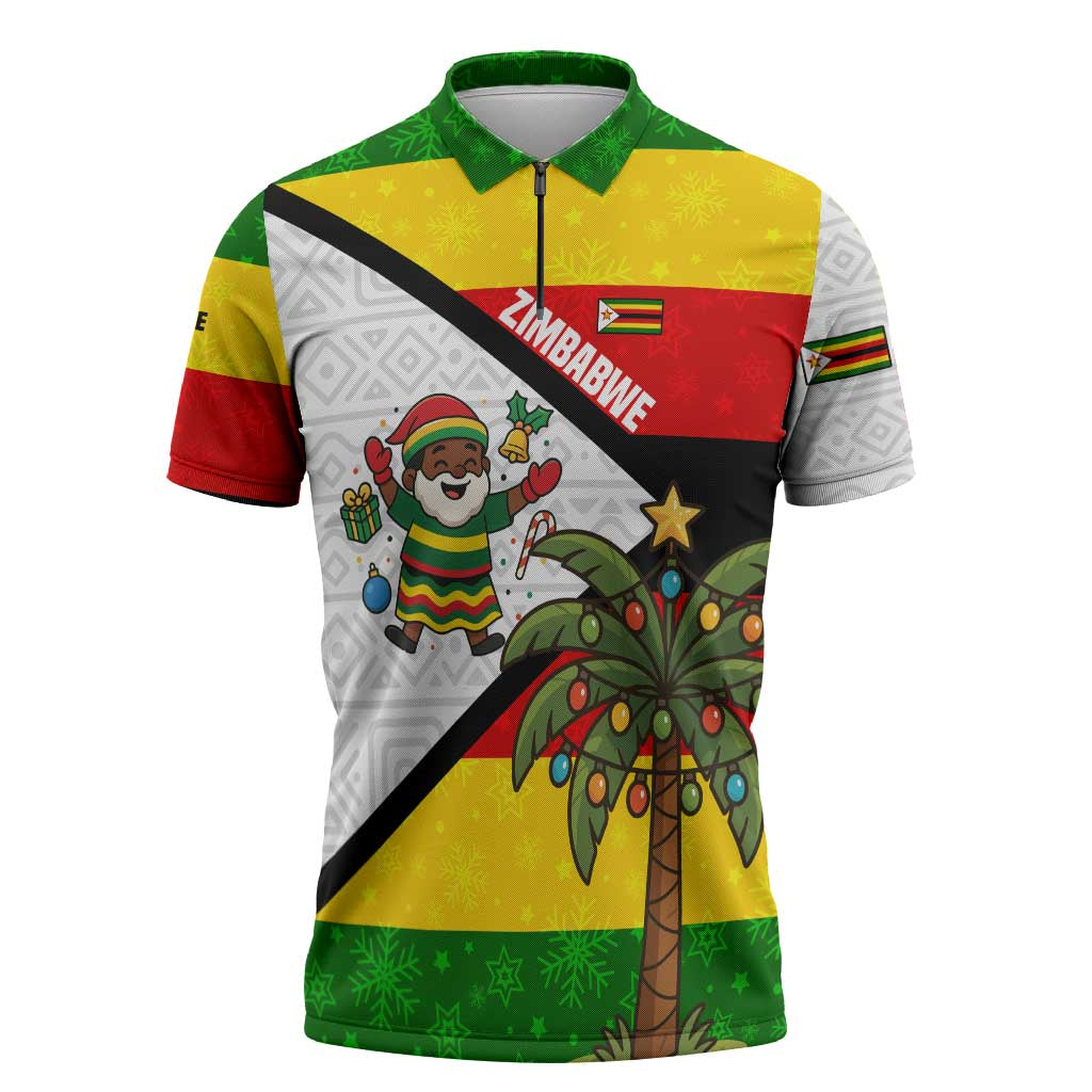 Zimbabwe Christmas Zipper Polo Shirt with Festive Santa Palm Tree and Red Yellow Green Flag - Wonder Print Shop