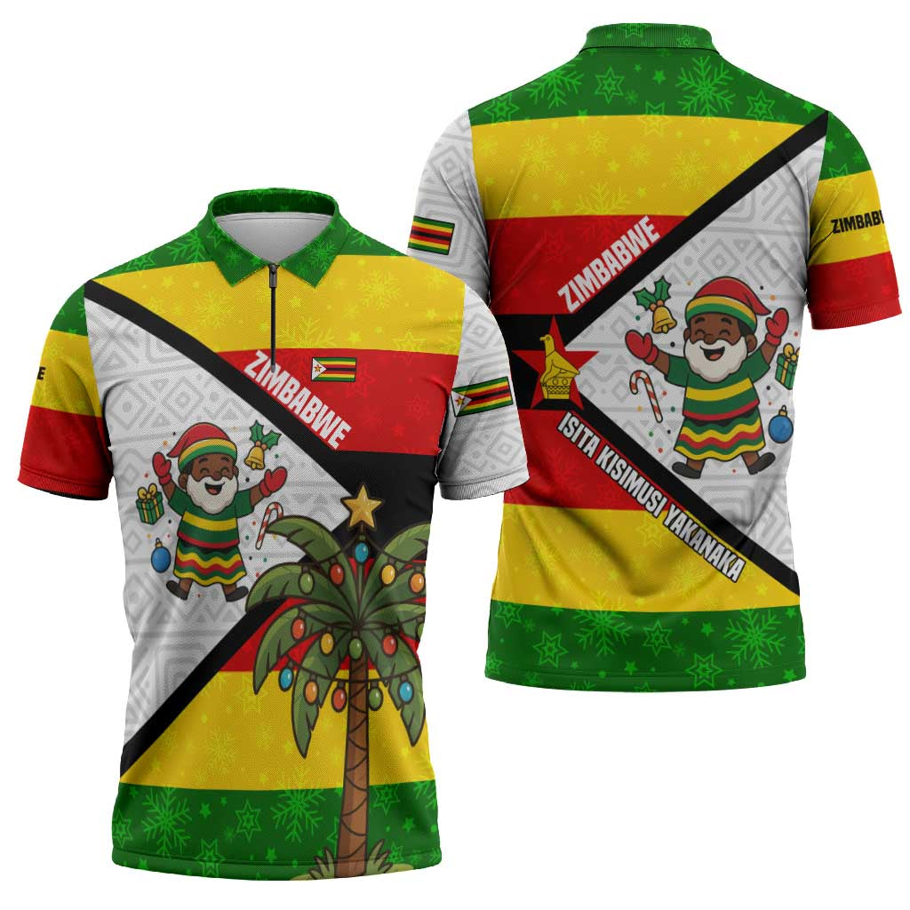 Zimbabwe Christmas Zipper Polo Shirt with Festive Santa Palm Tree and Red Yellow Green Flag - Wonder Print Shop