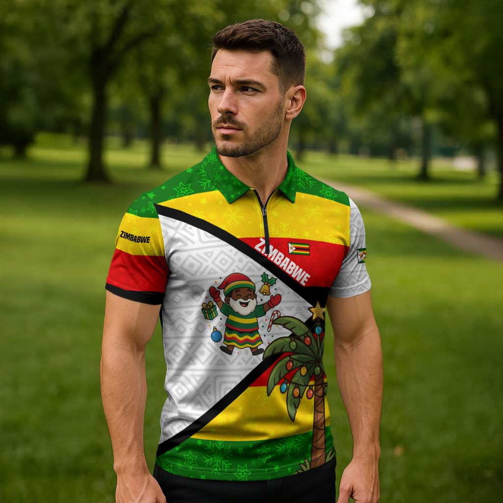 Zimbabwe Christmas Zipper Polo Shirt with Festive Santa Palm Tree and Red Yellow Green Flag - Wonder Print Shop