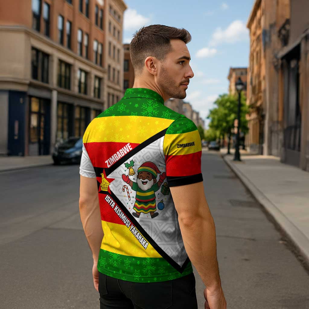 Zimbabwe Christmas Zipper Polo Shirt with Festive Santa Palm Tree and Red Yellow Green Flag - Wonder Print Shop