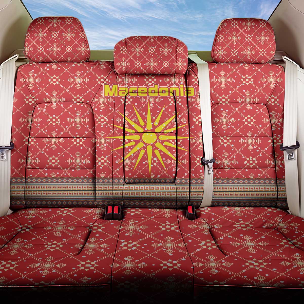 Macedonia Christmas Back Car Seat Cover with Traditional Santa and Yellow Sun Motif - Wonder Print Shop