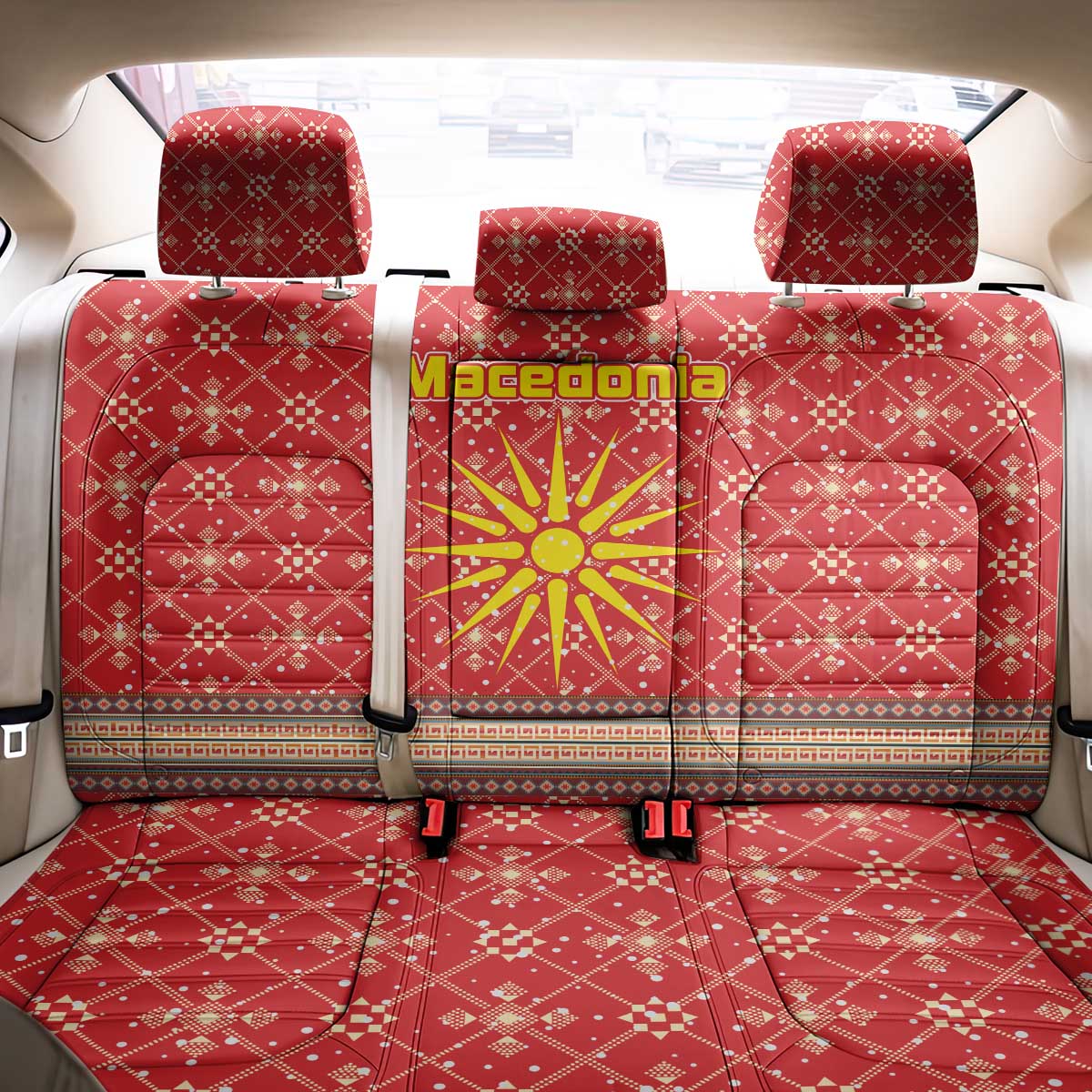 Macedonia Christmas Back Car Seat Cover with Traditional Santa and Yellow Sun Motif - Wonder Print Shop
