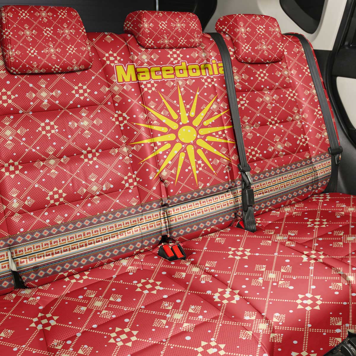 Macedonia Christmas Back Car Seat Cover with Traditional Santa and Yellow Sun Motif - Wonder Print Shop