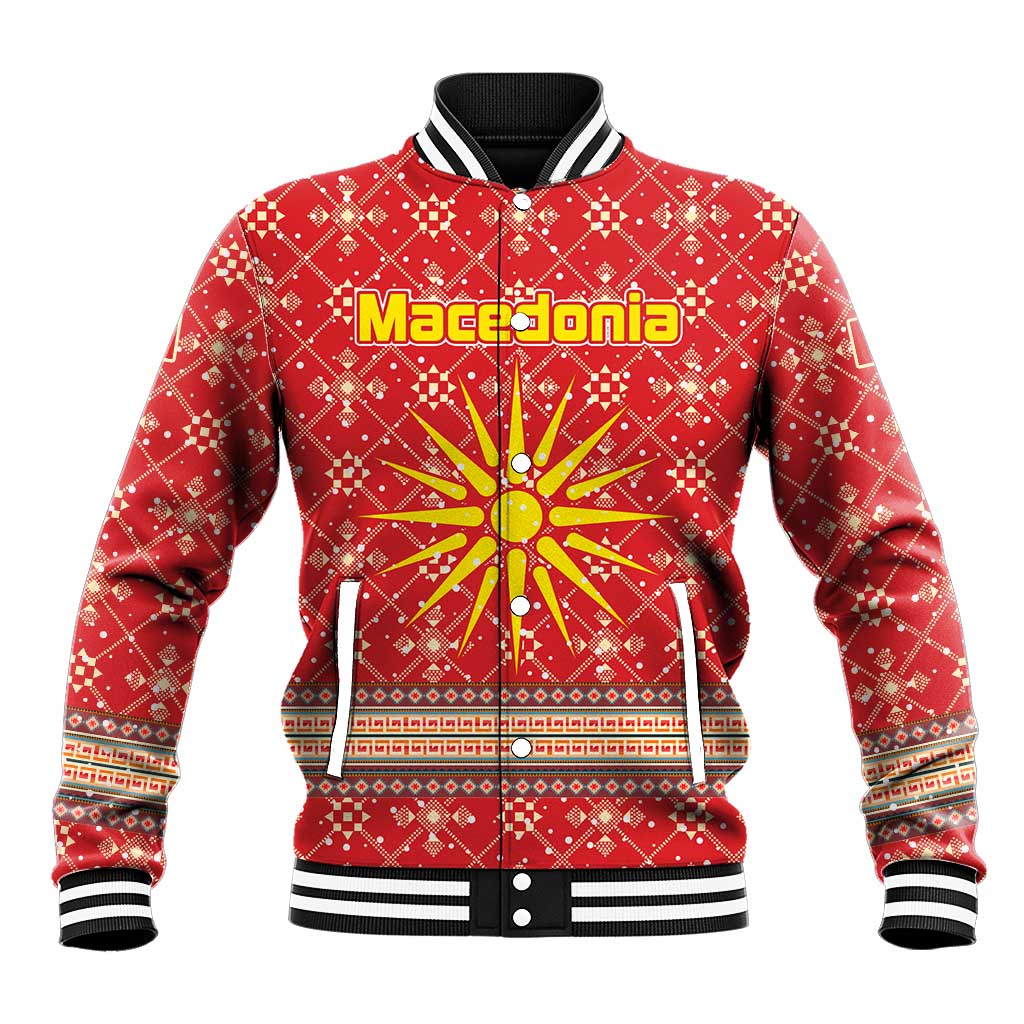 Macedonia Christmas Baseball Jacket with Traditional Santa and Yellow Sun Motif - Wonder Print Shop