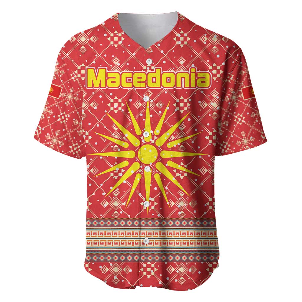 Macedonia Christmas Baseball Jersey with Traditional Santa and Yellow Sun Motif - Wonder Print Shop