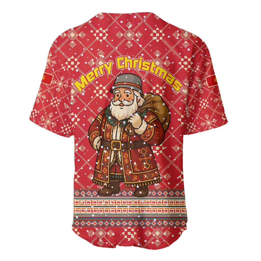 Macedonia Christmas Baseball Jersey with Traditional Santa and Yellow Sun Motif - Wonder Print Shop