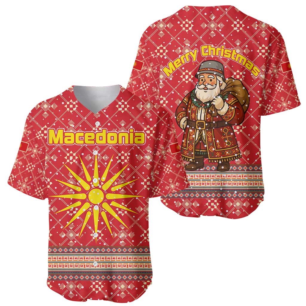 Macedonia Christmas Baseball Jersey with Traditional Santa and Yellow Sun Motif - Wonder Print Shop