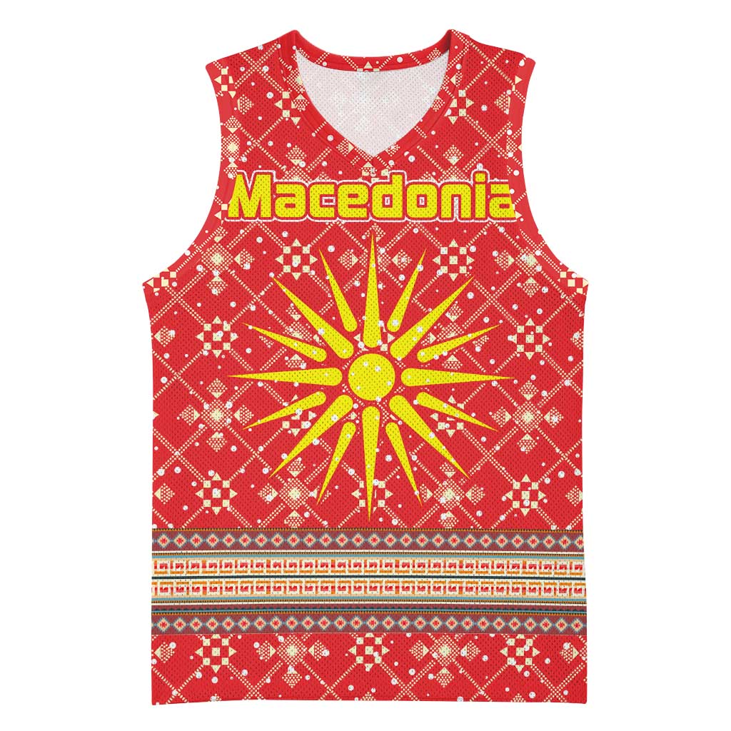 Macedonia Christmas Basketball Jersey with Traditional Santa and Yellow Sun Motif - Wonder Print Shop