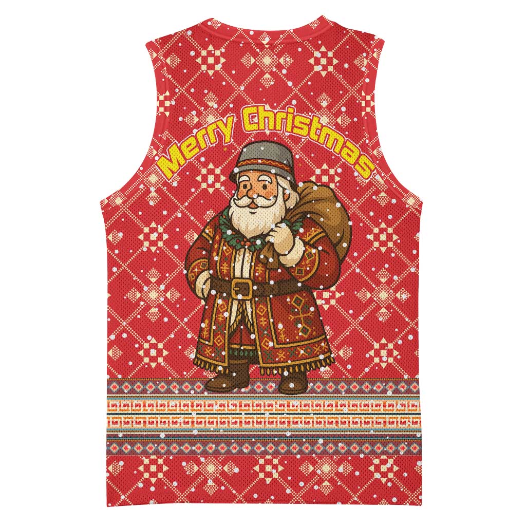 Macedonia Christmas Basketball Jersey with Traditional Santa and Yellow Sun Motif - Wonder Print Shop
