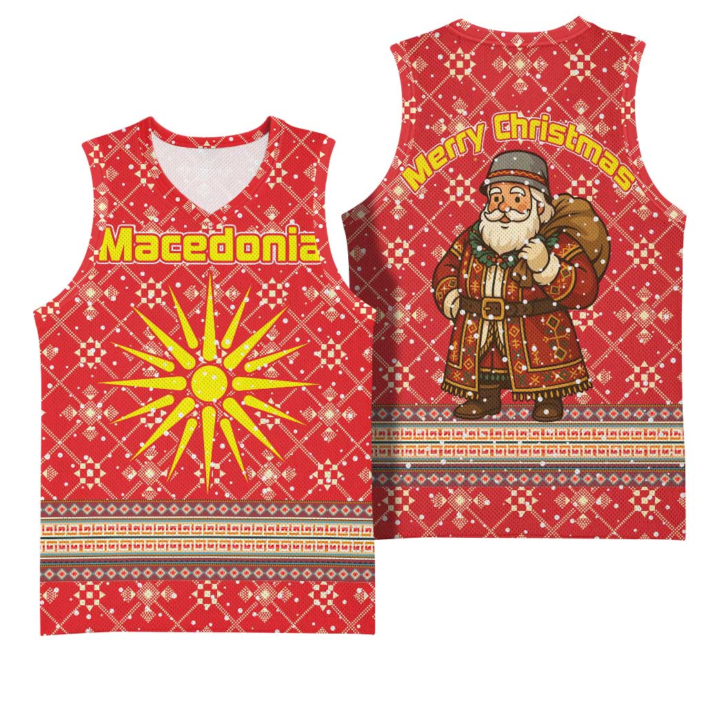 Macedonia Christmas Basketball Jersey with Traditional Santa and Yellow Sun Motif - Wonder Print Shop