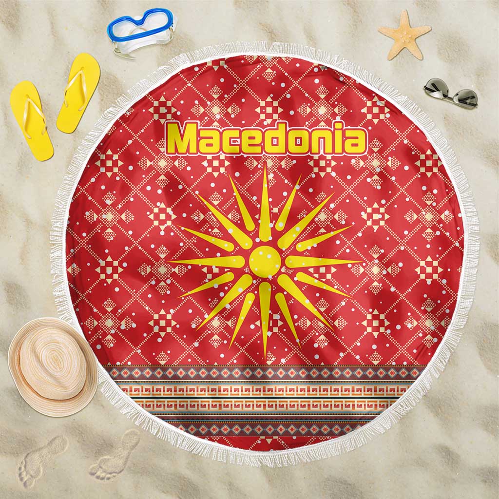 Macedonia Christmas Beach Blanket with Traditional Santa and Yellow Sun Motif - Wonder Print Shop
