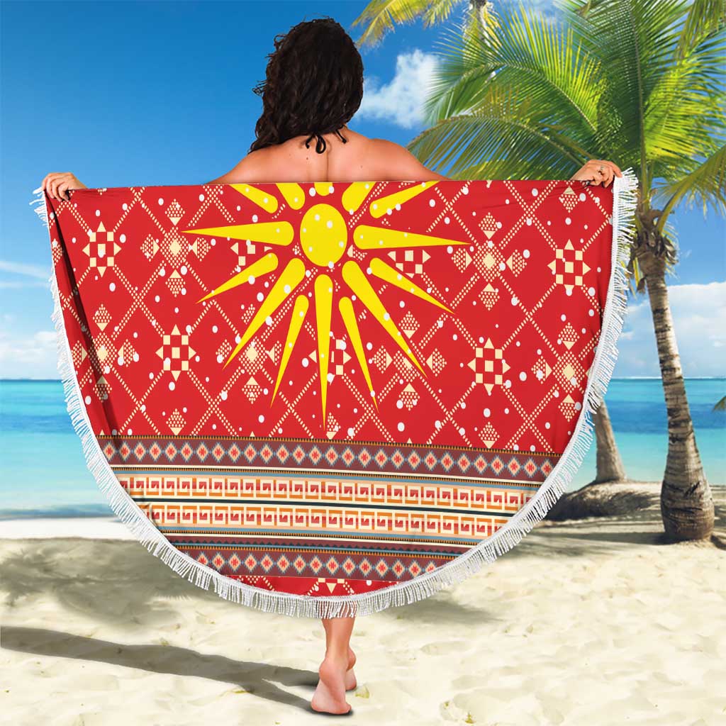 Macedonia Christmas Beach Blanket with Traditional Santa and Yellow Sun Motif - Wonder Print Shop