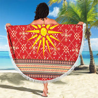 Macedonia Christmas Beach Blanket with Traditional Santa and Yellow Sun Motif - Wonder Print Shop