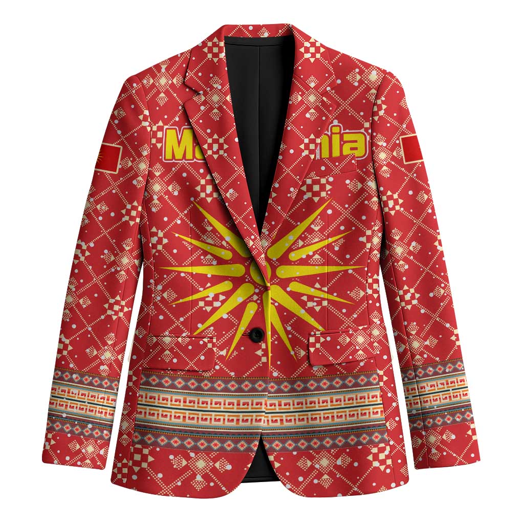 Macedonia Christmas Blazer with Traditional Santa and Yellow Sun Motif - Wonder Print Shop