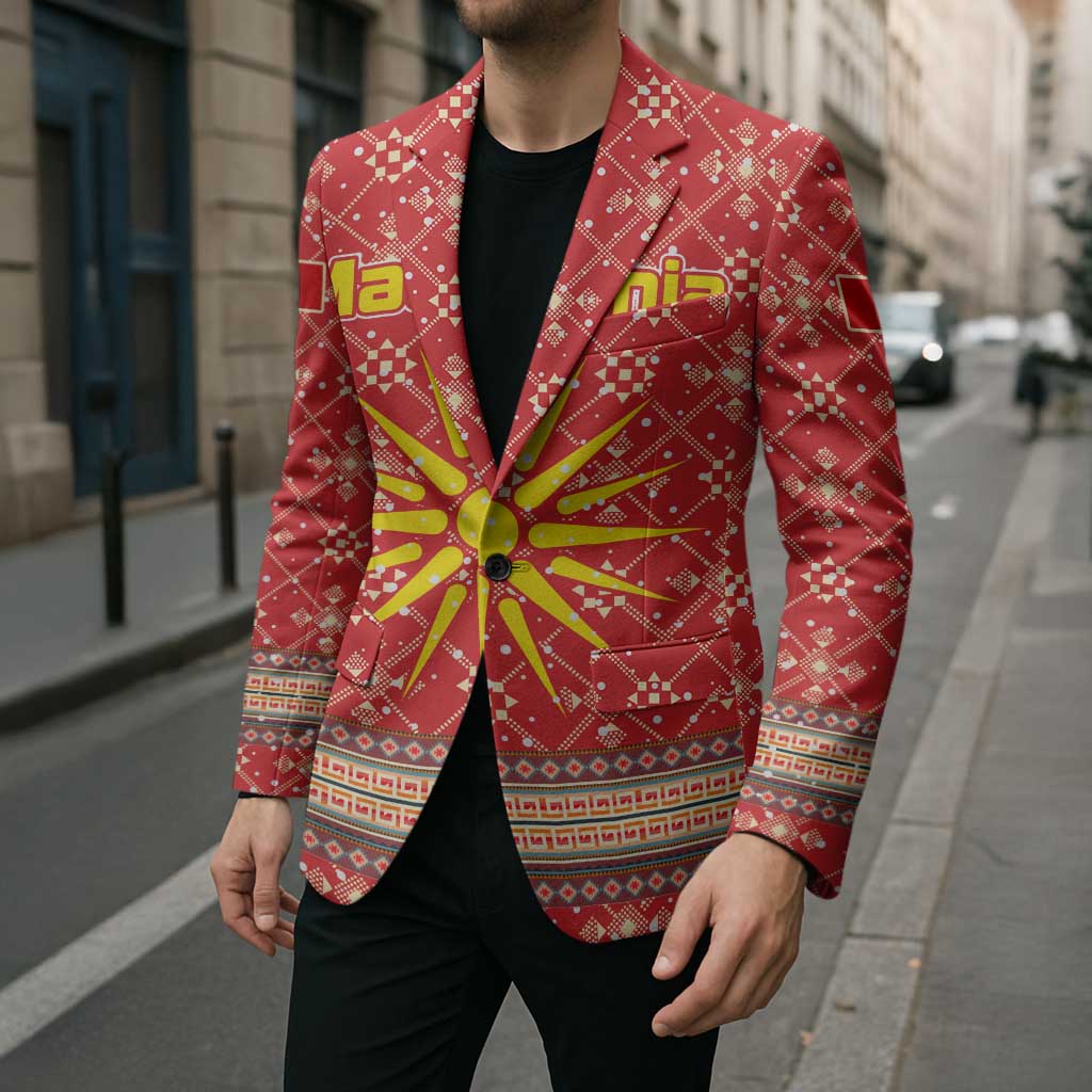 Macedonia Christmas Blazer with Traditional Santa and Yellow Sun Motif - Wonder Print Shop