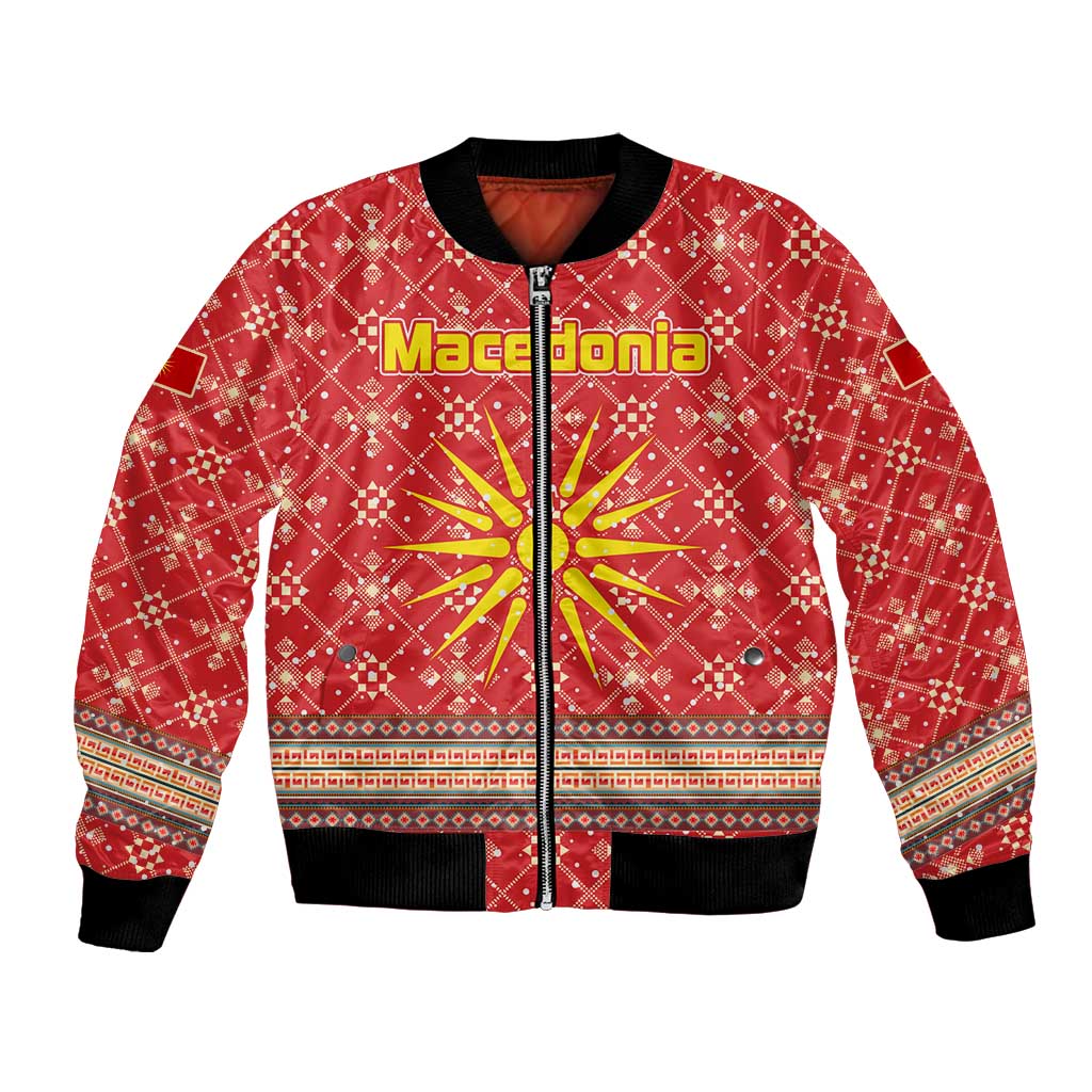 Macedonia Christmas Bomber Jacket with Traditional Santa and Yellow Sun Motif - Wonder Print Shop