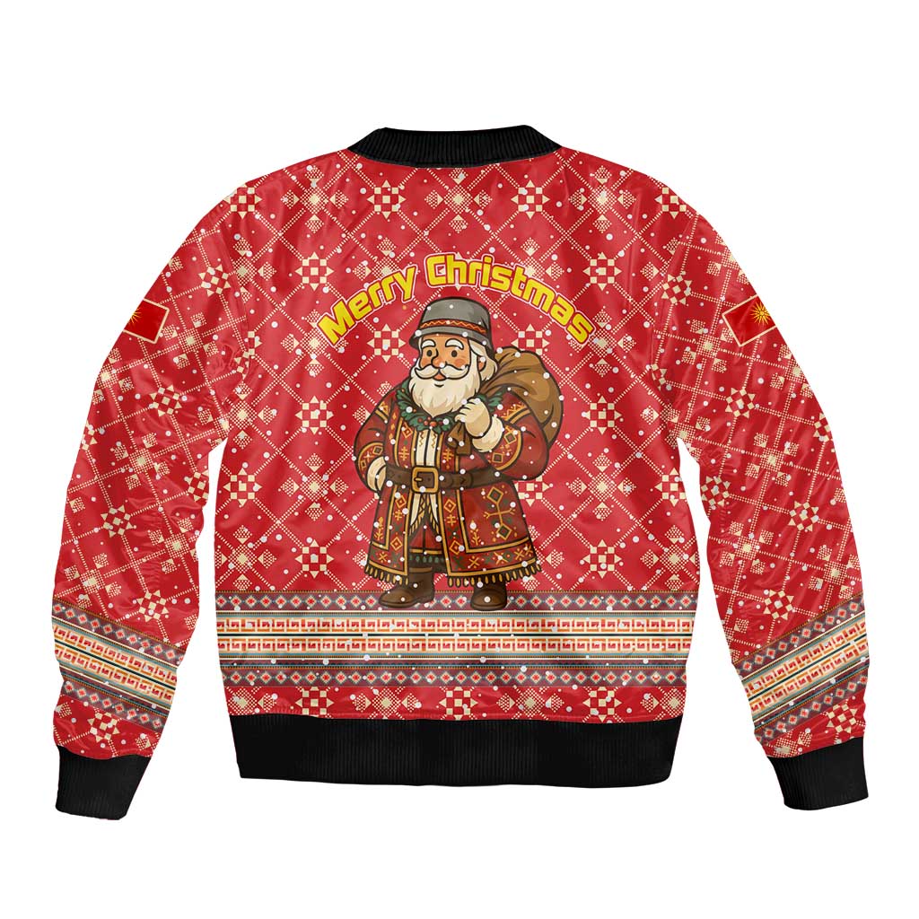 Macedonia Christmas Bomber Jacket with Traditional Santa and Yellow Sun Motif - Wonder Print Shop