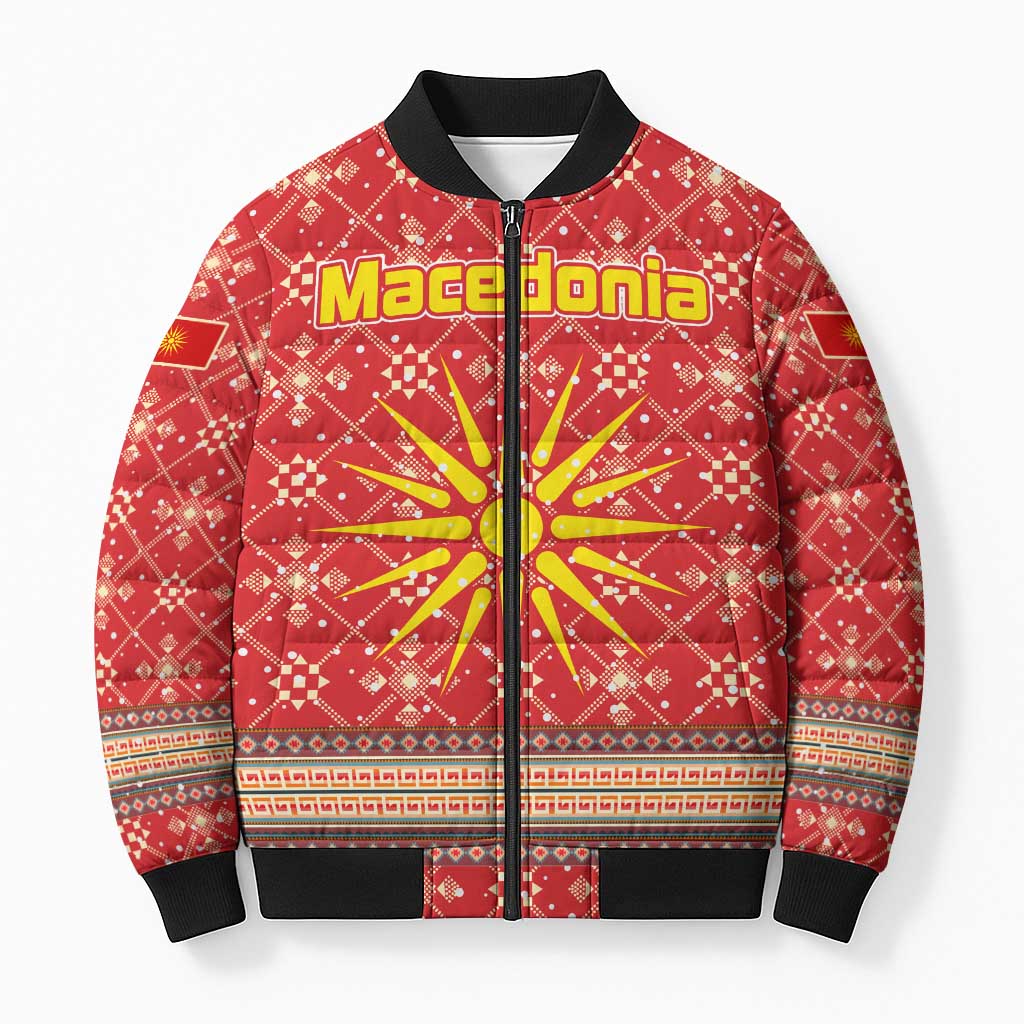 Macedonia Christmas Bomber Puffer Jacket with Traditional Santa and Yellow Sun Motif - Wonder Print Shop