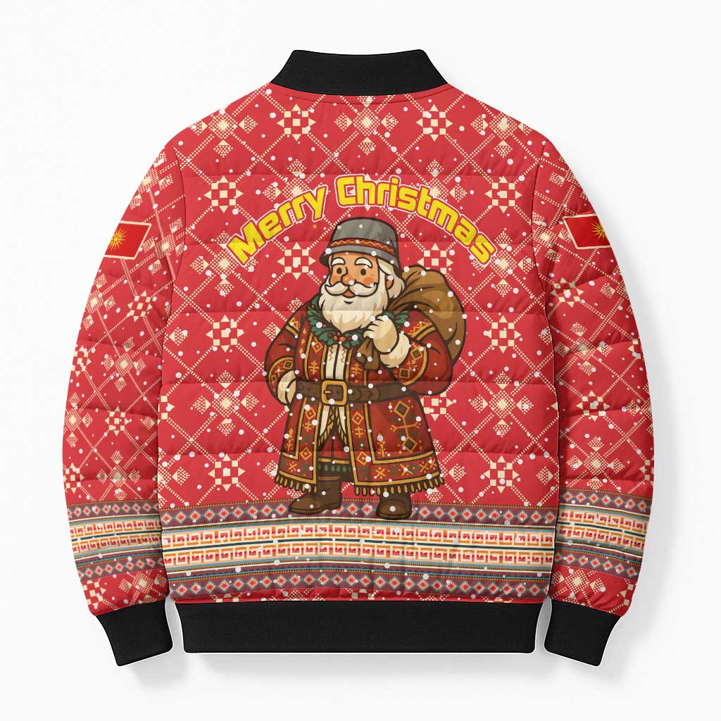 Macedonia Christmas Bomber Puffer Jacket with Traditional Santa and Yellow Sun Motif - Wonder Print Shop