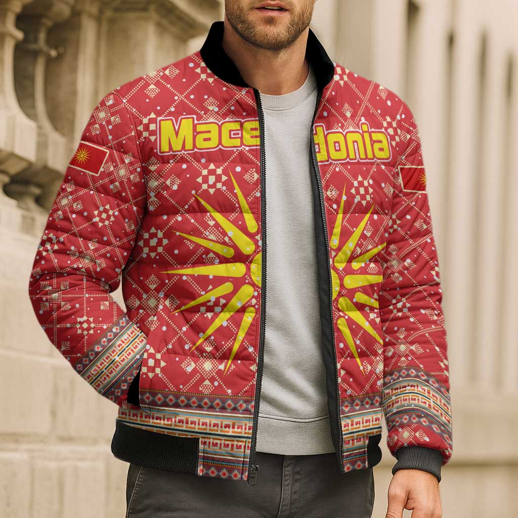 Macedonia Christmas Bomber Puffer Jacket with Traditional Santa and Yellow Sun Motif - Wonder Print Shop
