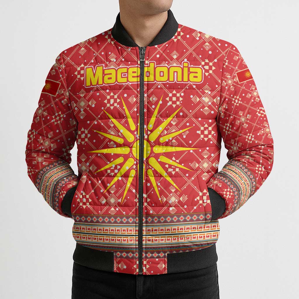 Macedonia Christmas Bomber Puffer Jacket with Traditional Santa and Yellow Sun Motif - Wonder Print Shop