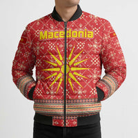 Macedonia Christmas Bomber Puffer Jacket with Traditional Santa and Yellow Sun Motif - Wonder Print Shop