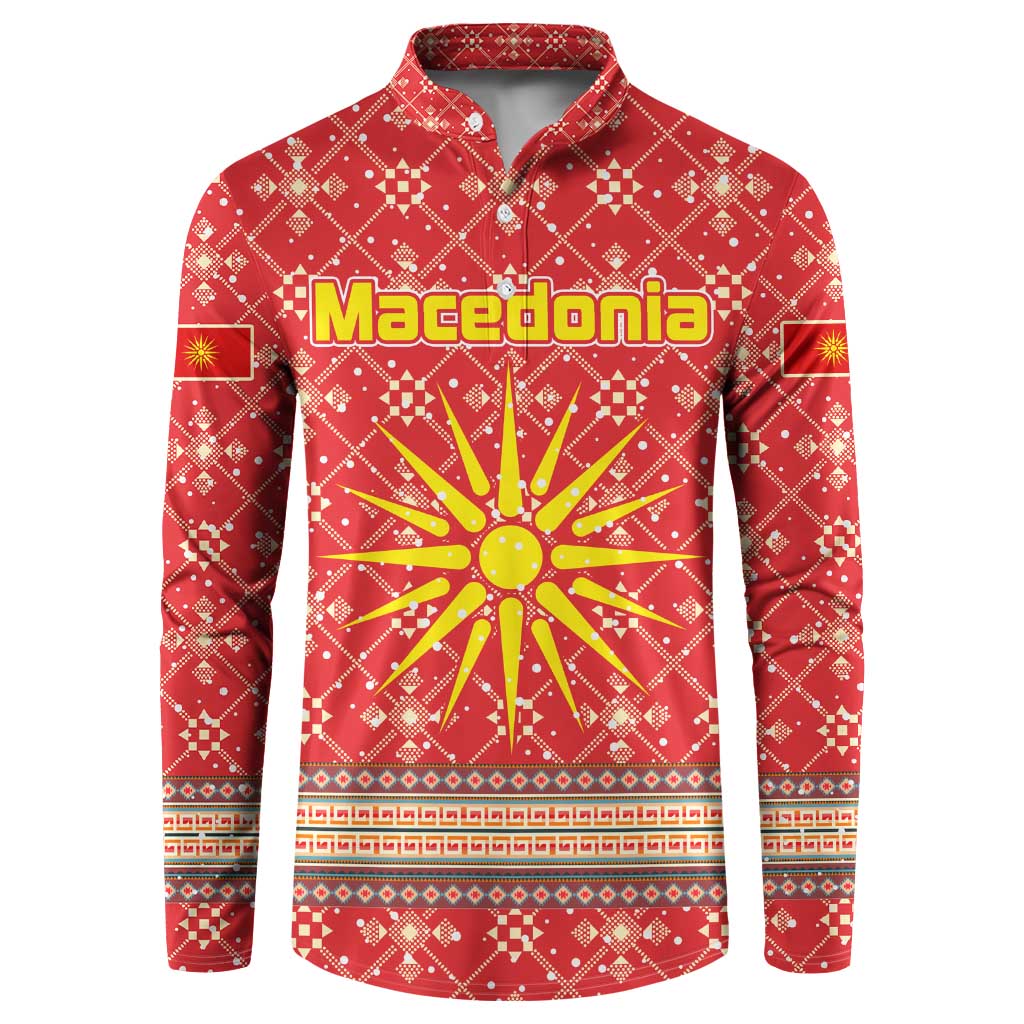 Macedonia Christmas Button Sweatshirt with Traditional Santa and Yellow Sun Motif - Wonder Print Shop