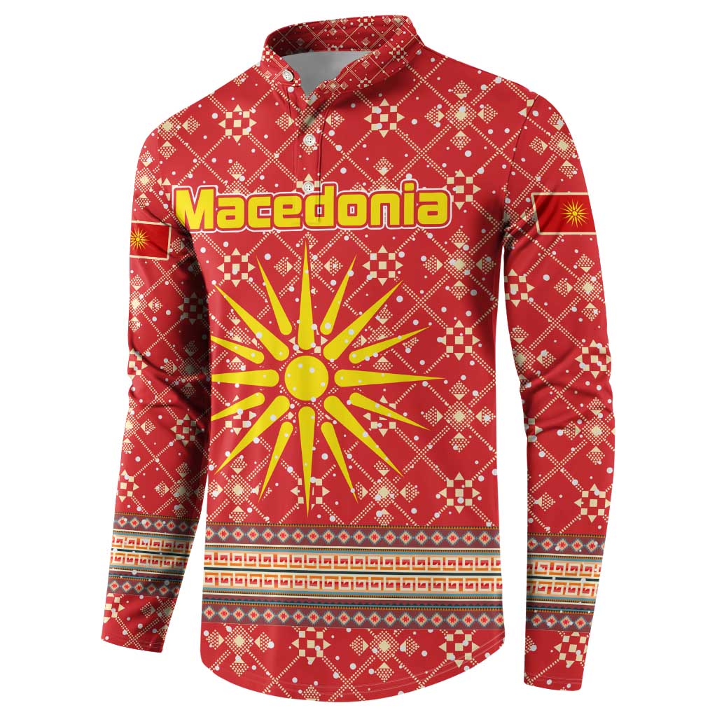 Macedonia Christmas Button Sweatshirt with Traditional Santa and Yellow Sun Motif - Wonder Print Shop