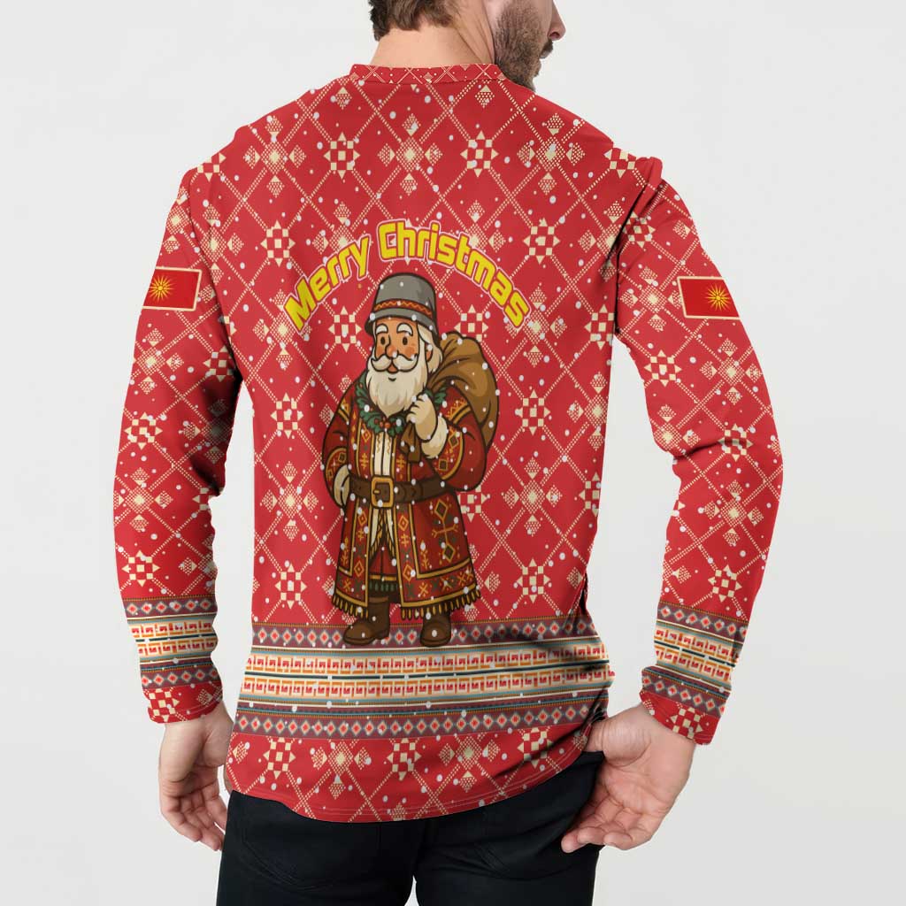 Macedonia Christmas Button Sweatshirt with Traditional Santa and Yellow Sun Motif - Wonder Print Shop