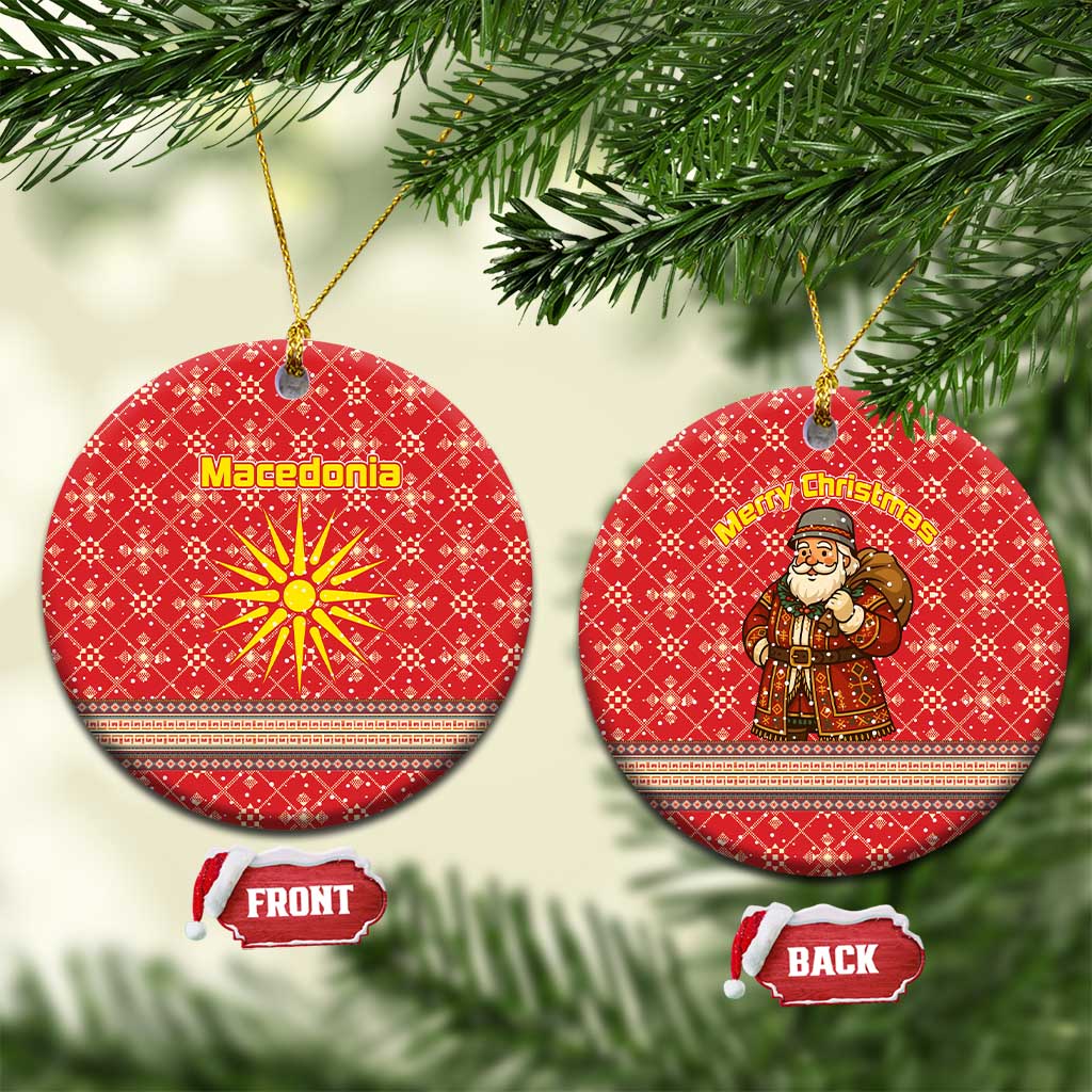 Macedonia Christmas Ceramic Ornament with Traditional Santa and Yellow Sun Motif - Wonder Print Shop