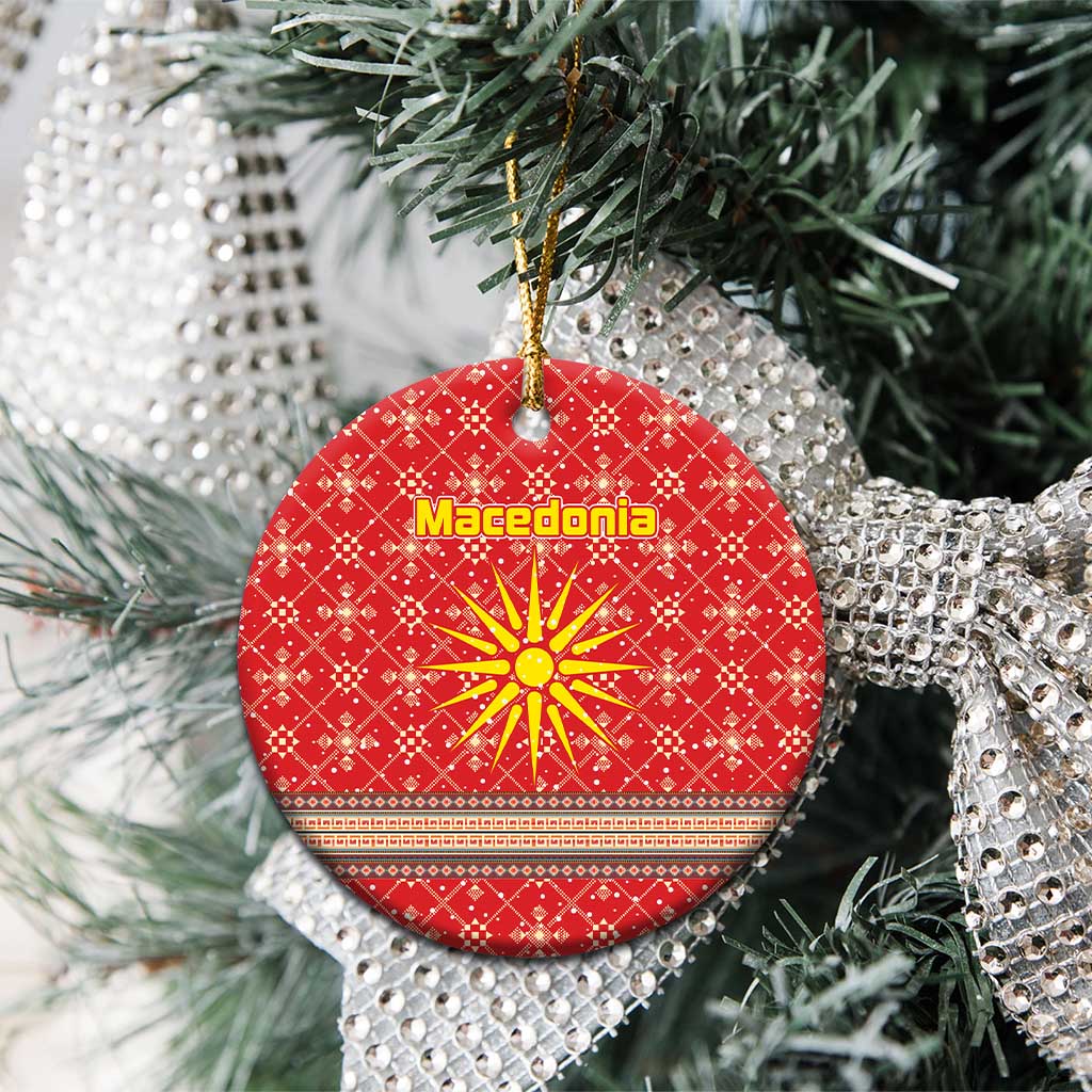 Macedonia Christmas Ceramic Ornament with Traditional Santa and Yellow Sun Motif - Wonder Print Shop