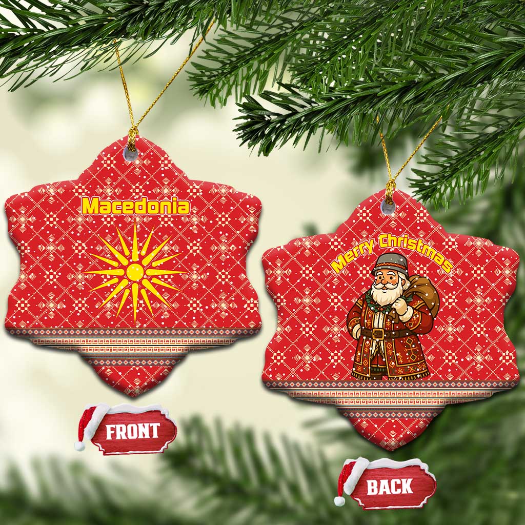 Macedonia Christmas Ceramic Ornament with Traditional Santa and Yellow Sun Motif - Wonder Print Shop