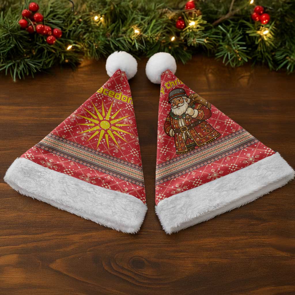 Macedonia Christmas Santa Hat with Traditional Santa and Yellow Sun Motif - Wonder Print Shop