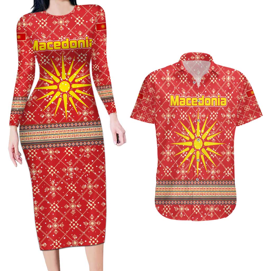 Macedonia Christmas Couples Matching Long Sleeve Bodycon Dress and Hawaiian Shirt with Traditional Santa and Yellow Sun Motif - Wonder Print Shop