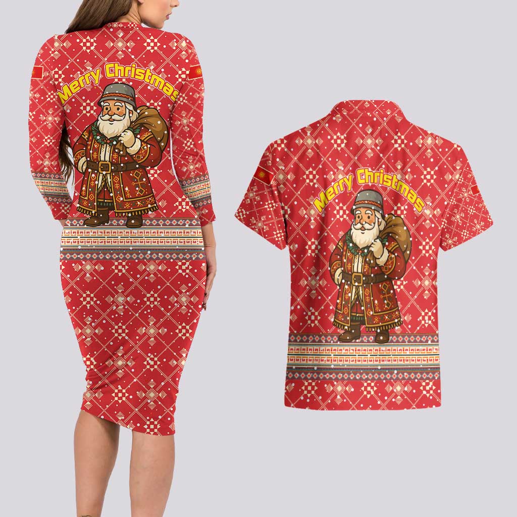Macedonia Christmas Couples Matching Long Sleeve Bodycon Dress and Hawaiian Shirt with Traditional Santa and Yellow Sun Motif - Wonder Print Shop