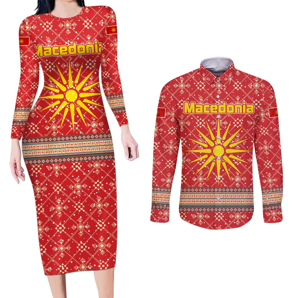 Macedonia Christmas Couples Matching Long Sleeve Bodycon Dress and Long Sleeve Button Shirt with Traditional Santa and Yellow Sun Motif - Wonder Print Shop
