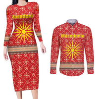 Macedonia Christmas Couples Matching Long Sleeve Bodycon Dress and Long Sleeve Button Shirt with Traditional Santa and Yellow Sun Motif - Wonder Print Shop