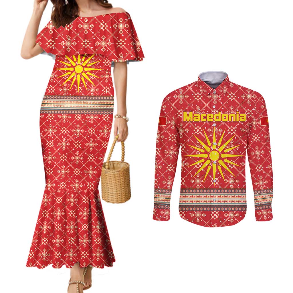 Macedonia Christmas Couples Matching Mermaid Dress and Long Sleeve Button Shirt with Traditional Santa and Yellow Sun Motif - Wonder Print Shop