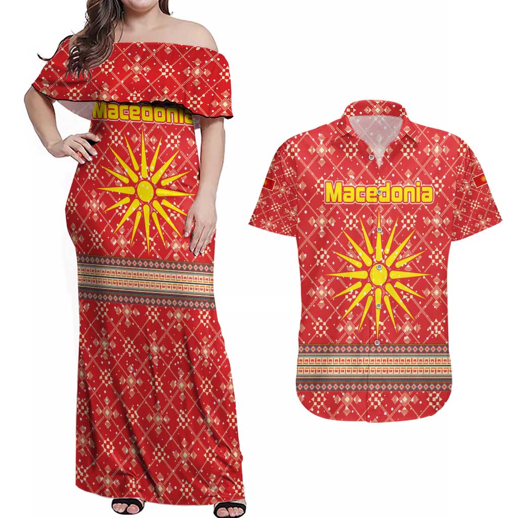 Macedonia Christmas Couples Matching Off Shoulder Maxi Dress and Hawaiian Shirt with Traditional Santa and Yellow Sun Motif - Wonder Print Shop