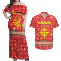 Macedonia Christmas Couples Matching Off Shoulder Maxi Dress and Hawaiian Shirt with Traditional Santa and Yellow Sun Motif - Wonder Print Shop