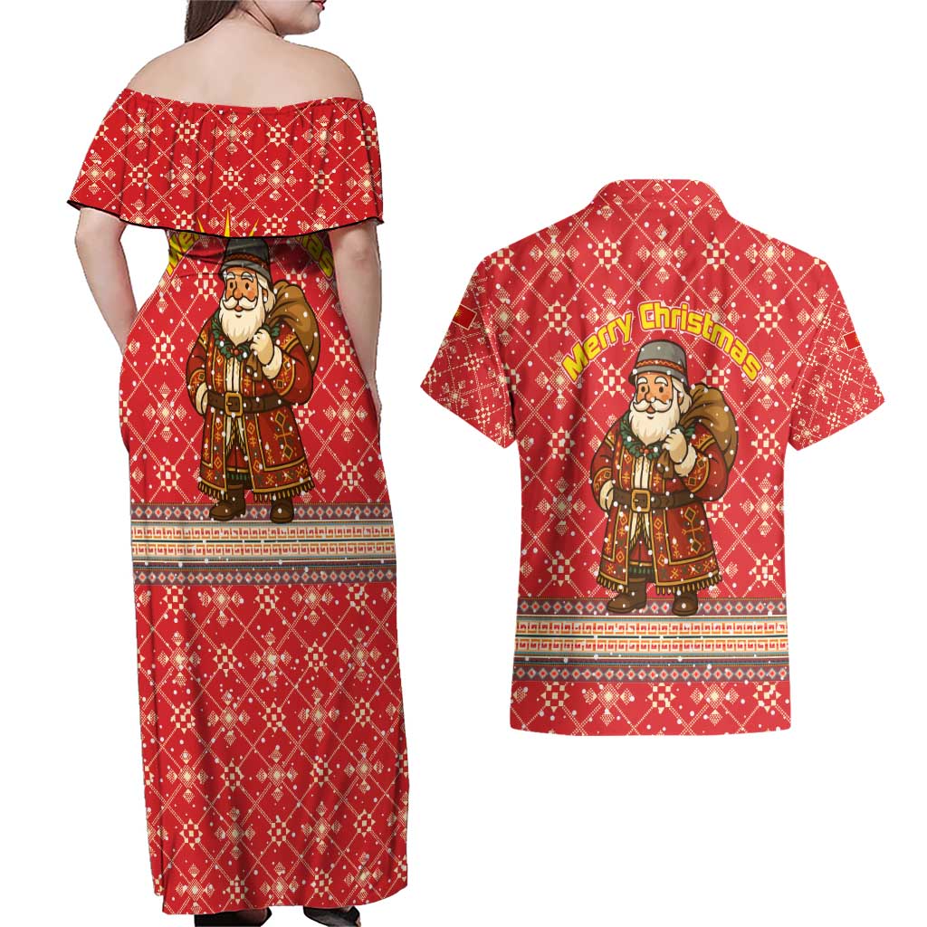 Macedonia Christmas Couples Matching Off Shoulder Maxi Dress and Hawaiian Shirt with Traditional Santa and Yellow Sun Motif - Wonder Print Shop